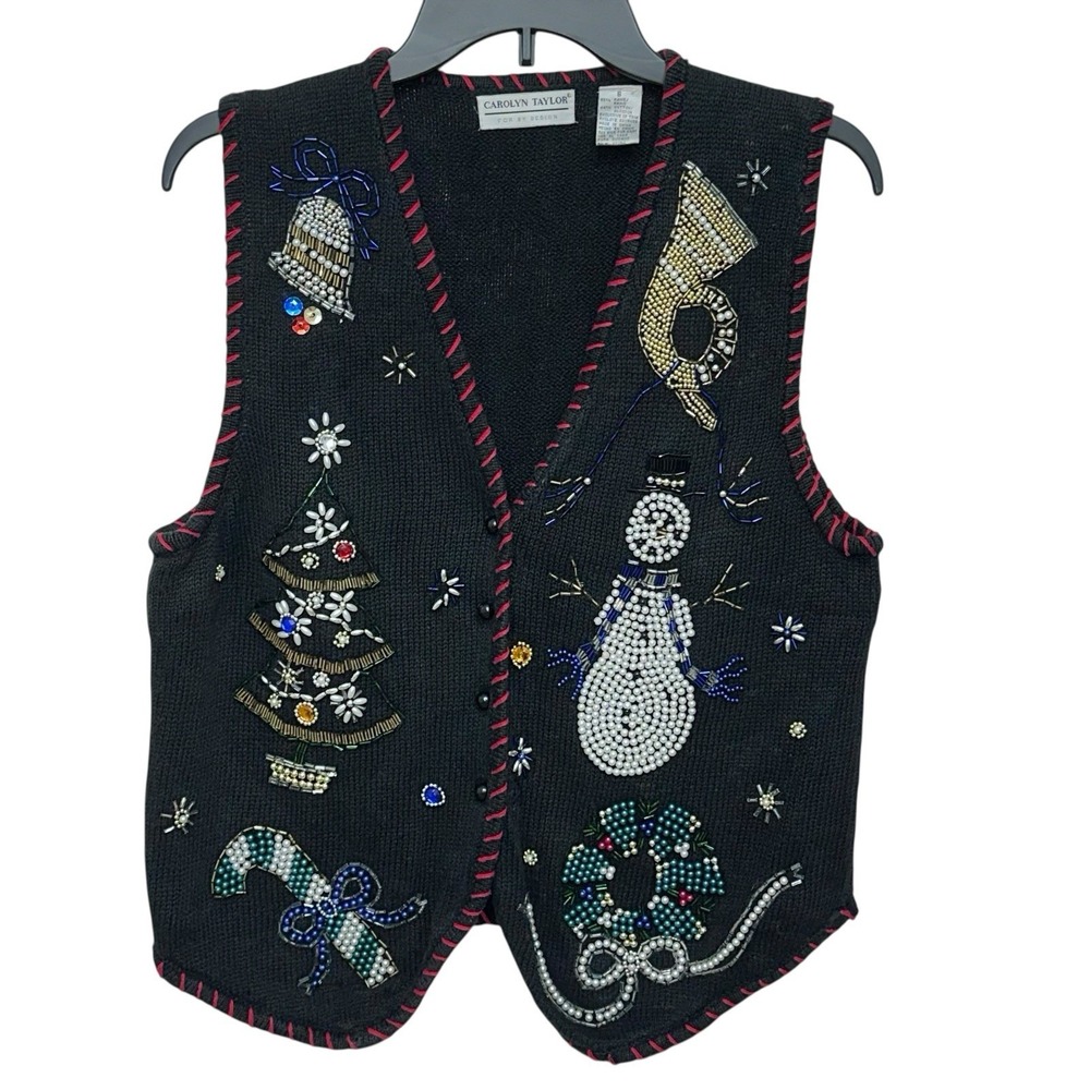 Vintage Carolyn Taylor‎ Holiday embroidered crochet Small Cardigan Sweater Vest